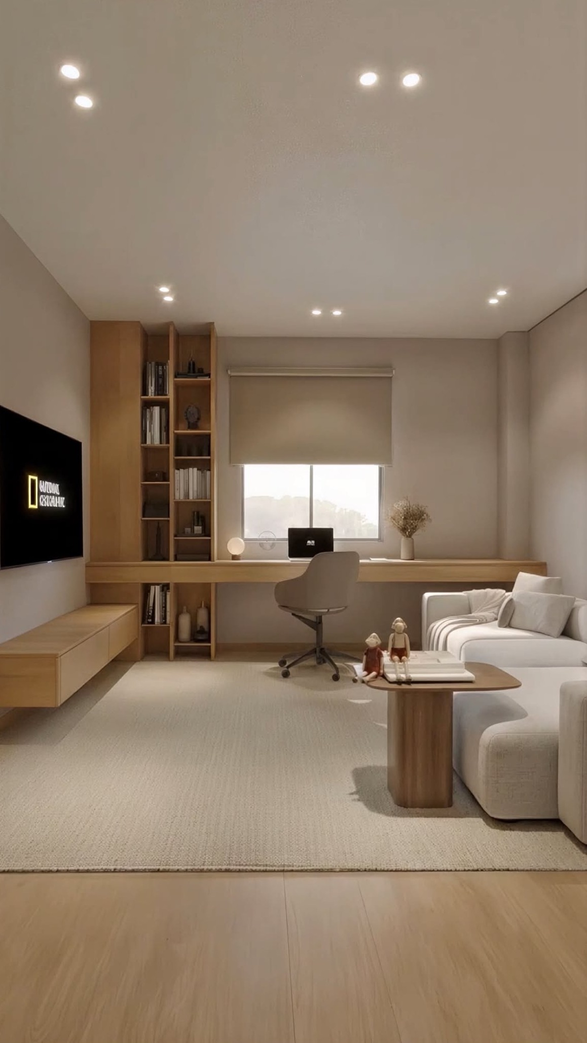Finished minimalist living room with oak joinery
