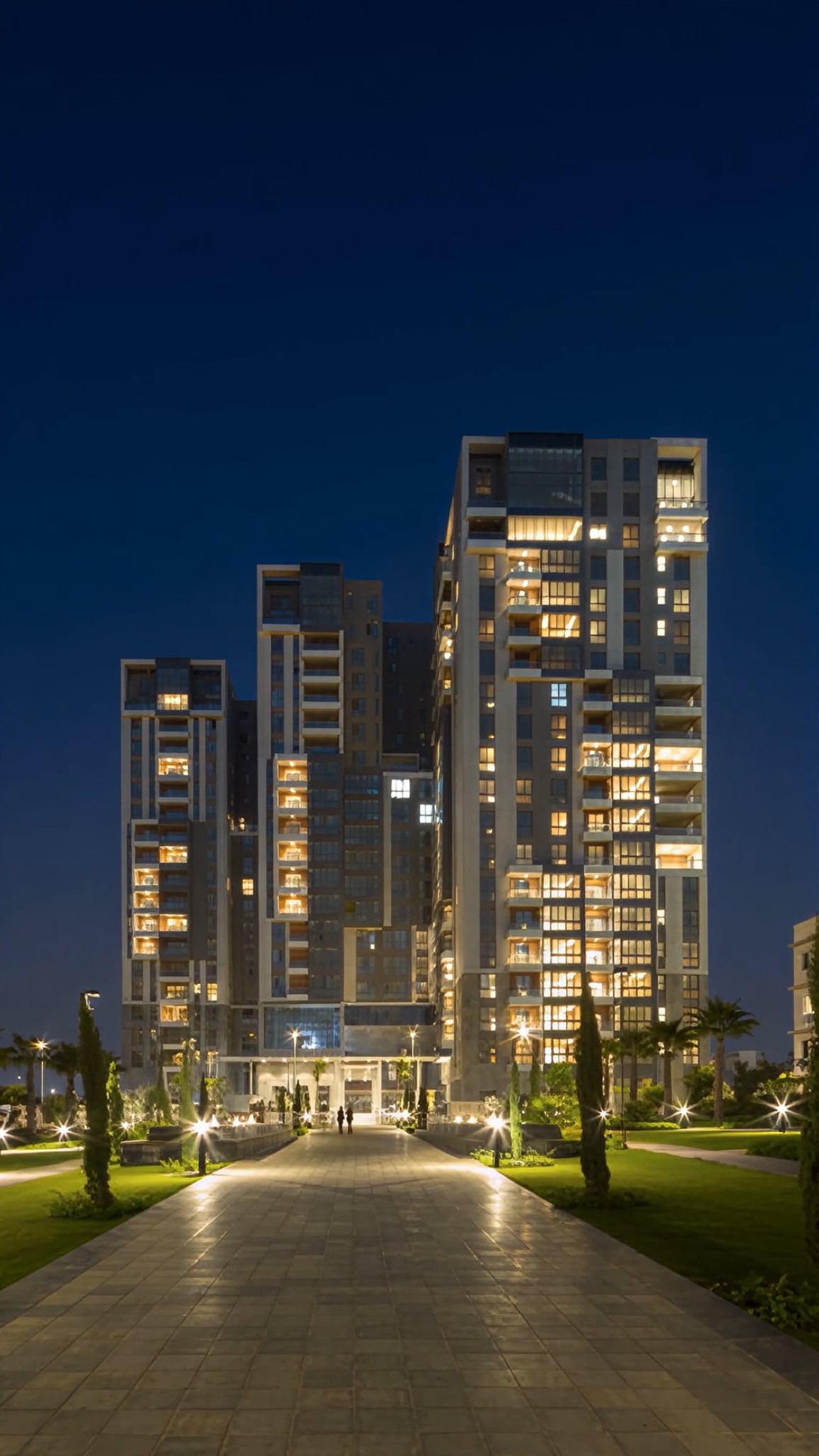 Aeon Towers residential towers lit up at night